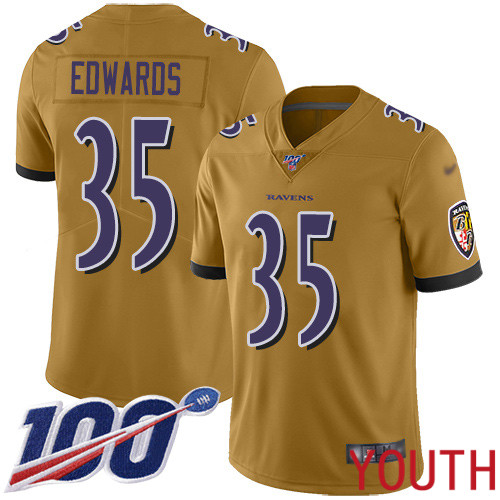 Baltimore Ravens Limited Gold Youth Gus Edwards Jersey NFL Football #35 100th Season Inverted Legend->baltimore ravens->NFL Jersey